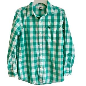 Old Navy Boys Green & White Gingham Check Cotton Button-Down Shirt Size 8